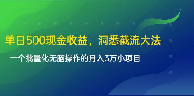 单日500现金收益，洞悉截流大法，一个批量化无脑操作的月入3万小项目-网创资源吧