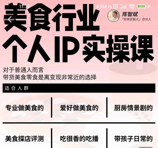 美食行业个人IP实操课，对于普通人而言，带货美食零食是离变现非常近的选择-网创资源吧