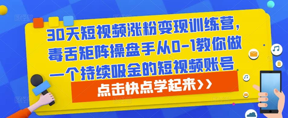 30天短视频涨粉变现训练营，毒舌矩阵操盘手从0-1教你做一个持续吸金的短视频账号-网创资源吧