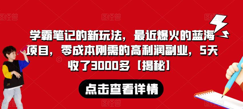 学霸笔记的新玩法，最近爆火的蓝海项目，零成本刚需的高利润副业，5天收了3000多【揭秘】-网创资源吧