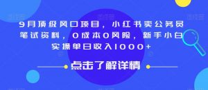 9月顶级风口项目，小红书卖公务员笔试资料，0成本0风险，新手小白实操单日收入1000+【揭秘】-网创资源吧
