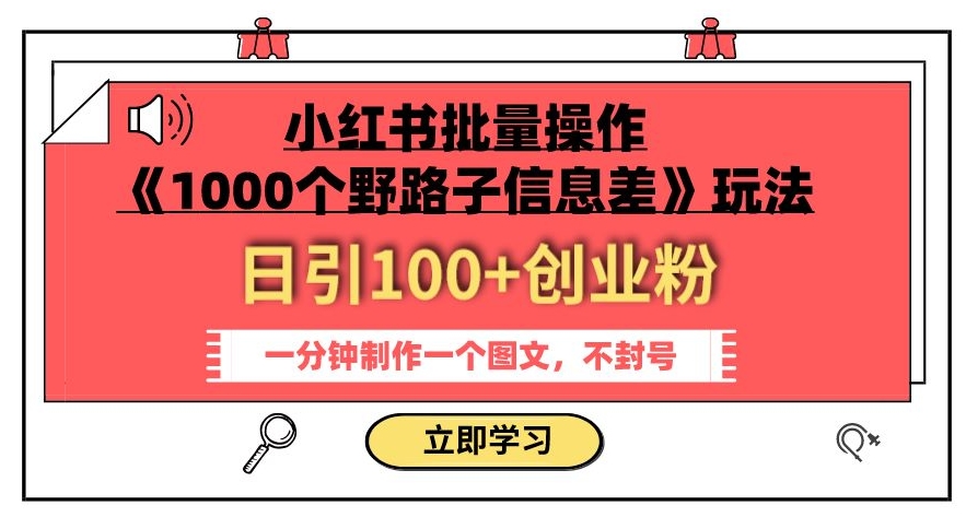 小红书批量操作《1000个野路子信息差》玩法，一分钟制作一个图文，不封号，日引100+创业粉-网创资源吧