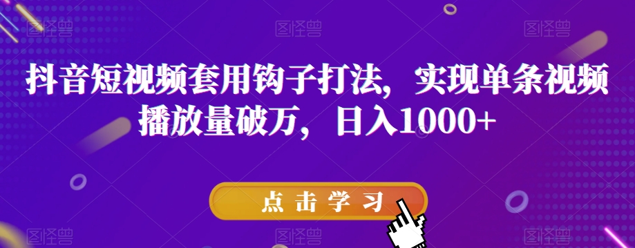 抖音短视频套用钩子打法，实现单条视频播放量破万，日入1000+【揭秘】-网创资源吧