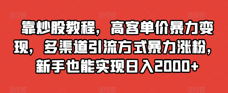 靠炒股教程，高客单价暴力变现，多渠道引流方式暴力涨粉，新手也能实现日入2000+【揭秘】-网创资源吧