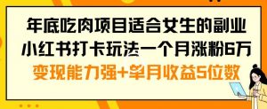 年底吃肉项目适合女生的副业小红书打卡玩法一个月涨粉6万+变现能力强+单月收益5位数【揭秘】-网创资源吧