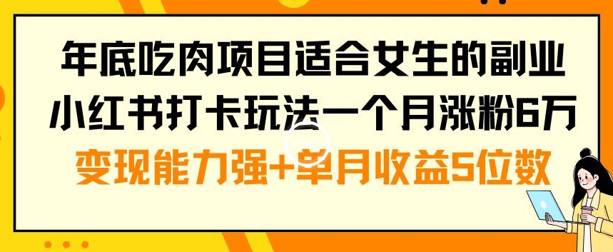 年底吃肉项目适合女生的副业小红书打卡玩法一个月涨粉6万+变现能力强+单月收益5位数【揭秘】-网创资源吧
