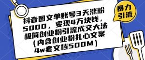 抖音图文单账号3天涨粉5000,变现4万块钱,极简创业粉引流成交大法-网创资源吧