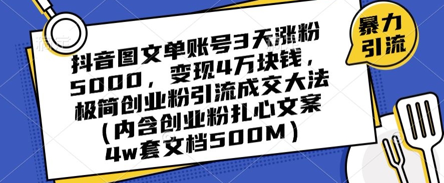 抖音图文单账号3天涨粉5000，变现4万块钱，极简创业粉引流成交大法-网创资源吧