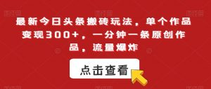 最新今日头条搬砖玩法,单个作品变现300+,一分钟一条原创作品,流量爆炸【揭秘】-网创资源吧