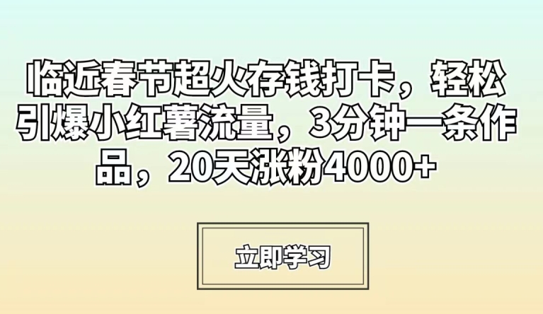 临近春节超火存钱打卡，轻松引爆小红薯流量，3分钟一条作品，20天涨粉4000+【揭秘】-网创资源吧