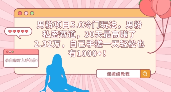 男粉项目5.0冷门玩法，男粉私密赛道，30天最高赚了2.32万，自己手搓一天轻松也有1000+【揭秘】-网创资源吧