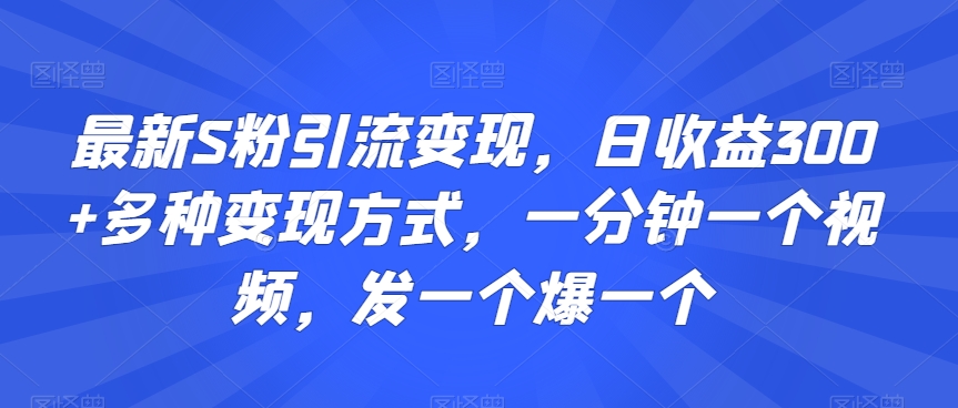 最新S粉引流变现，日收益300+多种变现方式，一分钟一个视频，发一个爆一个【揭秘】-网创资源吧