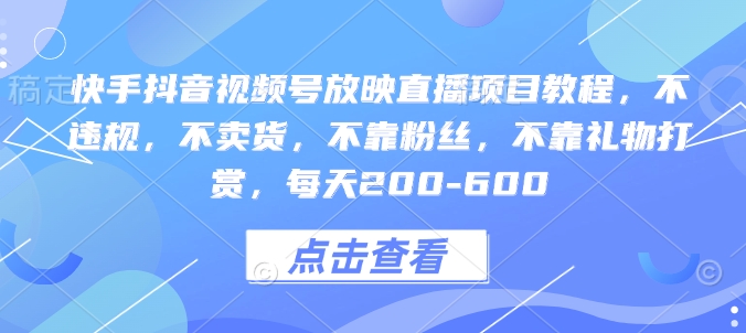 快手抖音视频号放映直播项目教程，不违规，不卖货，不靠粉丝，不靠礼物打赏，每天200-600-网创资源吧