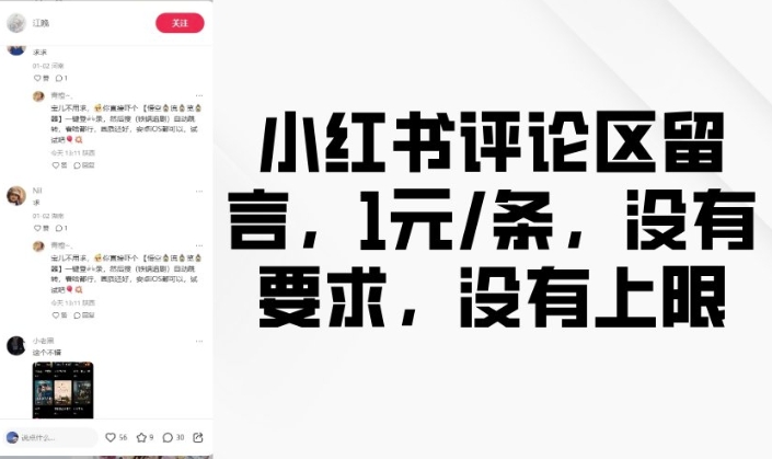 小红书评论区留言，1元条，没有要求，没有上限-网创资源吧